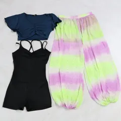 【ベリーダンス衣装 3点まとめ売り】濃い青 黒 パープル×黄緑 トップス ハーレムパンツ レオタード セット レース ストレッチ