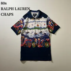 80s RALPH LAUREN CHAPS　総柄　ポロシャツ　ラルフローレン　チャップス　ネイビー　ホワイト　M 古着