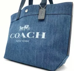 未使用<!-利用不可文字-!>COACH コーチ トートバッグ ハンドバック デニム デカロゴ ホースロゴ A4可能 大容量 F67415 ブルー 花柄 インディゴ チャーム 肩掛け