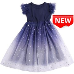✨新品✨子供服 女の子 星空 ドレス チュール ワンピース 発表会 結婚式 パーティー フォーマル ネイビー グラデーション 星柄 コスプレ 100 110 120 130 キッズ 七五三祝い 贈り物 プレゼント キッズワンピース 半袖ワンピース