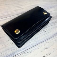 トラッカーウォレット ロング　3層】 ブラック 本革 ハンドメイド ゴールド