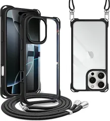 iPhone 16 Pro 用 ケース ショルダー 縄掛け 首掛け 肩掛け ストラップ付き iPhone16Pro 用 カバー 紐付き 斜めがけ TPUバンパー 耐衝撃 薄型 軽量 黄ばみなし ハード ケース ブラック
