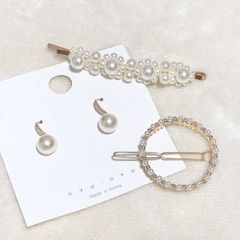【3点】新品パール&ゴールドヘアアクセサリーまとめ売りピアスヘアピン結婚式韓国