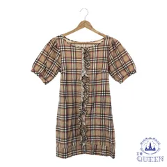 ☆美品☆ PEYTON PLACE ペイトンプレイス チュニック ラウンドネック ミニ パフスリーブ フリル ガーリー チェック レディース ベージュ M 901-16596 送料無料 古着