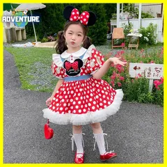 キッズ 女の子 ミニーちゃん風 本格ドレス 100 110 120 130 140 150 カチューシャ付　プリンセス ワンピース コスプレ 子供 ディズニーDハロ お姫様 コスチューム衣装 ハロウィン仮装レッド水玉ドット赤 かわいい　ふわふわ　ミニーマウス風
