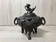 ✨旧家蔵出し 古銅 双龍浮彫 三足香炉 唐獅子摘蓋 遊環耳付 重厚骨董品