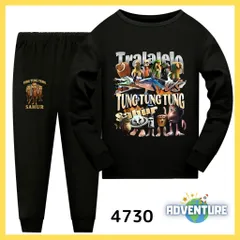 4730 Tung Tung Tung Sahur トゥントゥントゥンサフール 長袖 パジャマ ロンT セットアップ 110 120 130 140 150 160 黒 ブラック 男の子 ミーム 服 キッズ 子供  イタリアンブレインロット tsls11