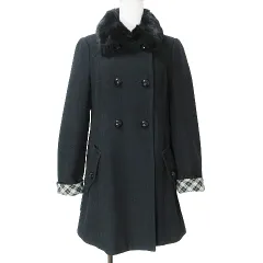 バーバリーブルーレーベル BURBERRY BLUE LABEL ラビットファー コート ダブル Aライン ウール ミドル丈 袖チェック 38 M相当 黒 ブラック X