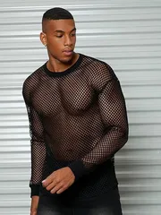 メンズ Tシャツ ネット シャツ メッシュ トップス シースルー 長袖 シアー クルーネック 透け感 快適 タイト 重ね着 カジュアル ダンス パーディー 春秋 夏 hongshuo03