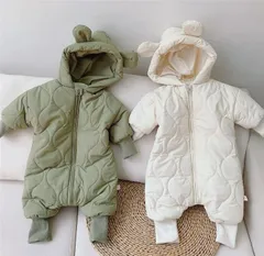 ベビー服 ジャンプスーツ 雪遊び フード付き 耳付き くま カバーオール ロンパース ベビー キッズ 子供服 ダウンコート 防寒 軽量 男の子 女の子 ファスナー ジャケット 中綿 防寒着 長袖 オールインワン 暖かい あったか 柔