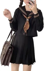 Kanoan セーラー服 長袖 紺色 茶色 コーヒー 白 ３本ライン 学生服 前開き プリーツスカート 女子高校 制服 可愛い コスプレ 蝶結び リボン JK 上下セット ３点セット(ブラウン,  S)