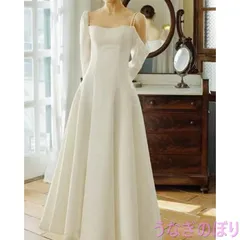 ウエディングドレス 結婚式 ウェディングドレス オフホワイト 花嫁 二次会 ロングドレス ブライダル 披露宴 海外挙式 前撮り Aラインドレス サテン 長袖 肩出し