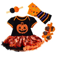 【特価セール】[Friking] ハロウィン コスプレ 仮装 かぼちゃ パンプキン ベビーワンピース キッズ こども 女の子 コス4点セット ワンピース 靴下 靴 ヘアバンド 60cm 70cm 80cm