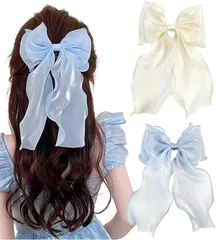 Herbeluemily(ハベルミリィ) バレッタ ヘアクリップ ヘアピン リボン シフォン ヘアアクセサリー 髪飾り 2個セット(ホワイト、ブルー)