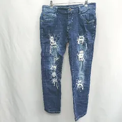 ◇ Θ BIKE STAR ダメージ加工 ステッチデザイン ストレートジーンズ サイズXL ダークブルー系 メンズ E  【1501230030458】