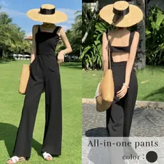 オールインワン レディース サロペット ノースリーブ キャミソール 黒 ブラック ロングパンツ ロング スクエアネック おしゃれ エレガント ショート丈 ウエストマーク ハイウエスト 韓国