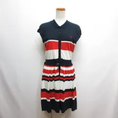 バーバリーブルーレーベル BURBERRY BLUE LABEL フレンチスリーブ ニット シャツ ワンピース ベルト付き 38 ネイビー×赤×白 トリコロール 正規品