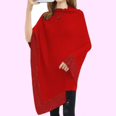 Size:Free _Color:レッド [ニーマンバイ] ポンチョ キラキラ ラインストーン付き 上品 ショール ケープ マント 春 秋 冬 レディース 20代 30代 40代 普段着 エレガント シンプル きれいめ キレイめ 着心地のいい かわいい
