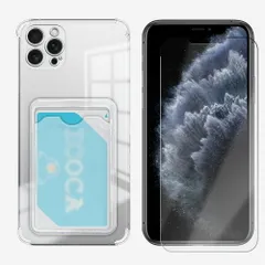 iPhone 11 pro Max 対応 ケース 【四隅TPU ソフト背面カード収納ケース 1個+ブルーライトカット液晶ガラスフィルムセット 1枚】 カード収納付き TPU透明 四隅エアクッション構造 衝撃吸収 落下すり傷防止 ワイヤレス充電対応 薄型 カバー