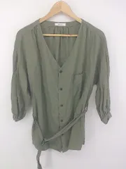 ◇ ◎ JEANASIS ジーナシス リネン混 Vネック 七分袖 シャツ ブラウス サイズF カーキ系 レディース E  【1303140004297】