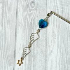 ハートと羽根のロングかんざし（マリンブルー）