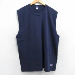 XL/古着 ラッセル ノースリーブ ビンテージ Tシャツ メンズ 90s ワンポイントロゴ 大きいサイズ コットン クルーネック 紺 ネイビー 25aug2