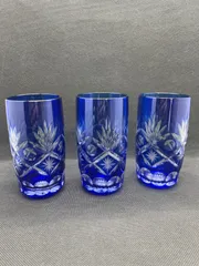 江戸切子コップ3点セット 青系　酒器　冷茶コップ　ビールコップ
