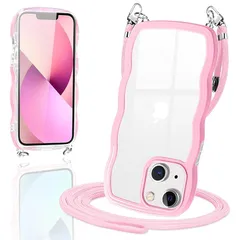 iPhone13 / iPhone14 ケース ショルダー クリア TPU いPhone13 スマホケース カバー 創意 個性 肩掛け 首掛け 斜めかけケース 可愛い かわいい 韓国 透明 薄型 耐衝撃 アイフォン13/14(桜 ピンク)