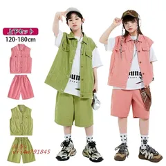 デニム ベスト キッズダンス衣装 セットアップ パンツ K-POP 韓国 女の子 ジャッズ 無袖 短パンツ 男の子 ヒップホップ  vii4w791845
