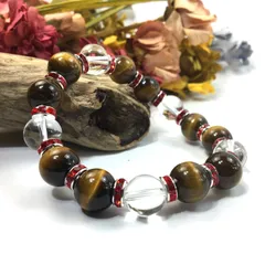 タイガーアイ&水晶 パワーストーン　ブレスレット 天然石 12mm  （レッド）メンズ・レディース　男性 [j]・女性　数珠ブレス　開運 [j]