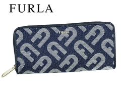 フルラ 長財布 FURLA PCF0CL0 BX0346 TDE00 CLASSIC TONI BLU DENIM 立体ロゴ付き アーチロゴ柄 ブルーデニム ラウンドジッパー ロング ウォレット 長財布