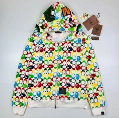 美品★COACH★コーチ×A BATHING APE ★アベイシングエイプ・コラボ メンズ シグネチャー 猿顔総柄 シャーク 恐竜ワッペン付き ダブルジップ スウェット パーカー(S)マルチカラー スウェット 秋冬物 カジュアル 日本製 ブランド