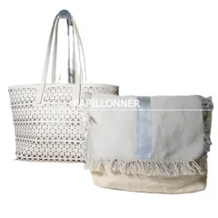 パピヨネ PAPILLONNER トートバッグ セミショルダー インナーバッグ付 カットワーク エコレザー×キャンバス ホワイト系 レディース 美品