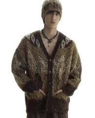 MASONPRINCE オーバーサイズ 新作 ストリート 暖かい 保温 長袖 スウェット 春 秋 冬 ウィメンズ メンズ レディース 男 女 ボーダーニット ヘビーウェイト ニット セーター カーディガン ブラウン