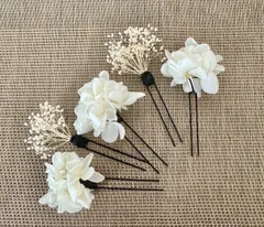 プリザーブドアジサイプリザーブドカスミソウ髪飾り　かすみ草　プリザーブドフラワードライフラワー　髪飾り5本セット