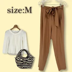 美品 サッシュ付き ツータック テーパード パンツ M キャメル ブラウン レディース 古着 リボン ベルト センタープレス