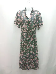 ◇ ◎ LOWRYS FARM フロントボタン 花柄 透け感あり 裏地なし 半袖 ロング ワンピース サイズL ブラック系 レディース E  【1310050012090】