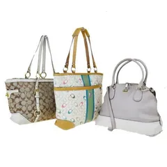 【中古】 3点セット コーチ COACH シグネチャー ショルダーバッグ トート ハンド ブラウン パープル キャンバス レザー PVC 06HE731