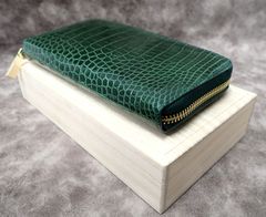 ヘンローン製 クロコダイル 長財布 グリーン 木箱付き 新品タグ付 ラウンドファスナー