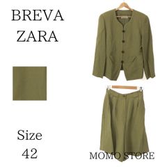 BREVA ZARA セットアップ スーツ フォーマル ドレス スカートスーツ上下 長袖 ひざ丈 ベルトルーフ フレア レディース カーキ 40 42 キュプラ