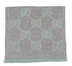 新品同様 グッチ GG柄 フリンジ ジャガードマフラー 598993 ラメ入り ストール グレー グリーン系 レディース 女性用 GUCCI