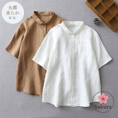 シャツ 半袖 シャツ ブラウス レディース 丸襟 夏 無地 ホワイト コットン 綿 柔らか シンプル 折り襟 ボタン留め 通気性 大きいサイズ 通