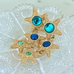 希少<!-利用不可文字-!>Trifari トリファリ イヤリング スター シェル風ブルー系ヴィンテージ