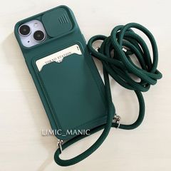 iPhone 13 / 14 スマホ ショルダー ケース シリコン系 肩掛け 紐付き 収納 ダークグリーン 深緑