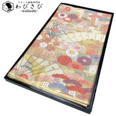 袋帯 唐織 扇子に四季の花柄模様 金糸 金色 O-5254