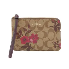 【Aランク】 コーチ COACH コーナージップ リストレット シグネチャー キャンバス フローラルプリント PVC / レザー F87780 マルチポーチ Ｌ字ファスナー 小物入れ カードケース レディース カーキ / ピンク 美品 中古 mbh04004