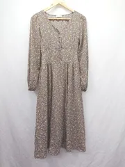 ◇ ⊂ アース ミュージック＆エコロジー 総柄 長袖 ロング デザインワンピース サイズF パープル系 レディース E  【1505290016308】