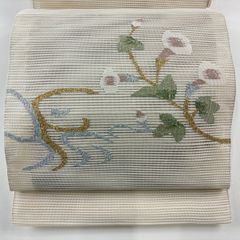 名古屋帯 美品 秀品 夏帯 絽 八寸名古屋帯 松葉仕立て 草花 流水 金銀糸 クリーム 正絹 【中古】