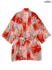 古着 ベルト付き 前開き 花柄  和柄 長袖 アウター 羽織り 赤 (ttu2407136)