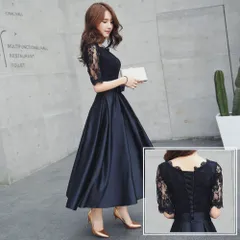 ☆ ブラック×編み上げ ☆ S ☆ ステージドレス ミモレ丈 pkdress2 ドレス ワンピース 大人 パーティ ステージドレス コンサートドレス レース ドレスワンピース Aライン ファスナー ファスナータイプ ミモレ丈 ミディアム パーティー コンサート